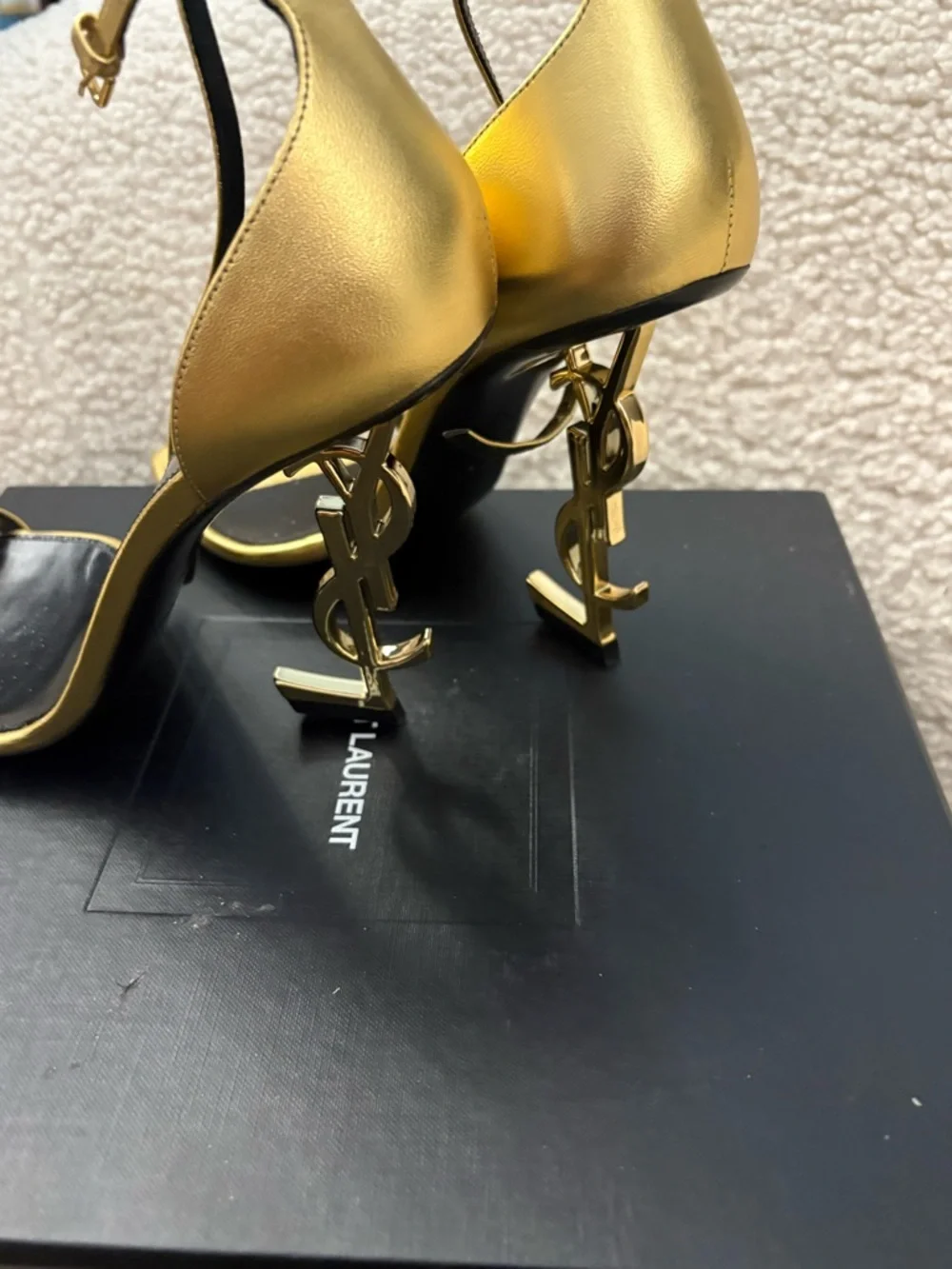 Saint Laurent Metallic Gold Logo-Heel Ankle-Strap Sandals - Picture 2 of 8
